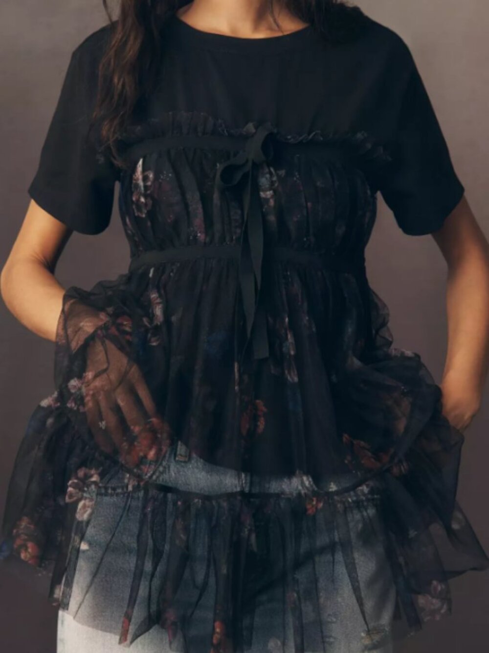Anthropologie Floral Tulle Mini Dress in Black & Purple Size LP